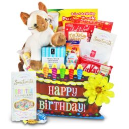 Birthday basket with a cute plush animal, chocolates and cookies.